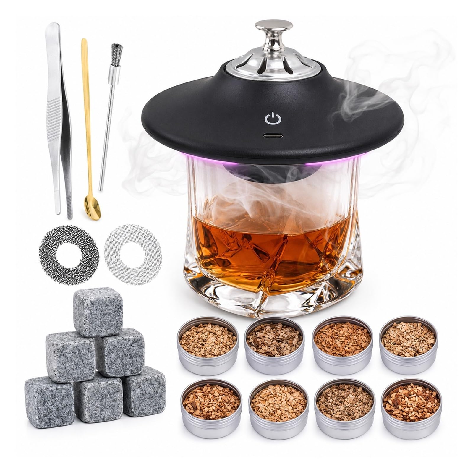 Ahumador de whisky con luz LED y diseño UFO para un aroma ahumado perfecto y rápido