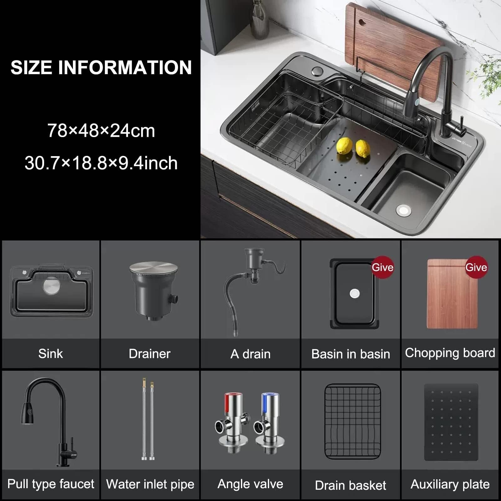 Lavello da Cucina sottotop da 30,7 Pollici - Lavello da Lavoro in Acciaio Inossidabile 304 di Alta qualità con Cuscinetti fonoassorbenti e Design Moderno (Nero Argento 78x48x24 cm)