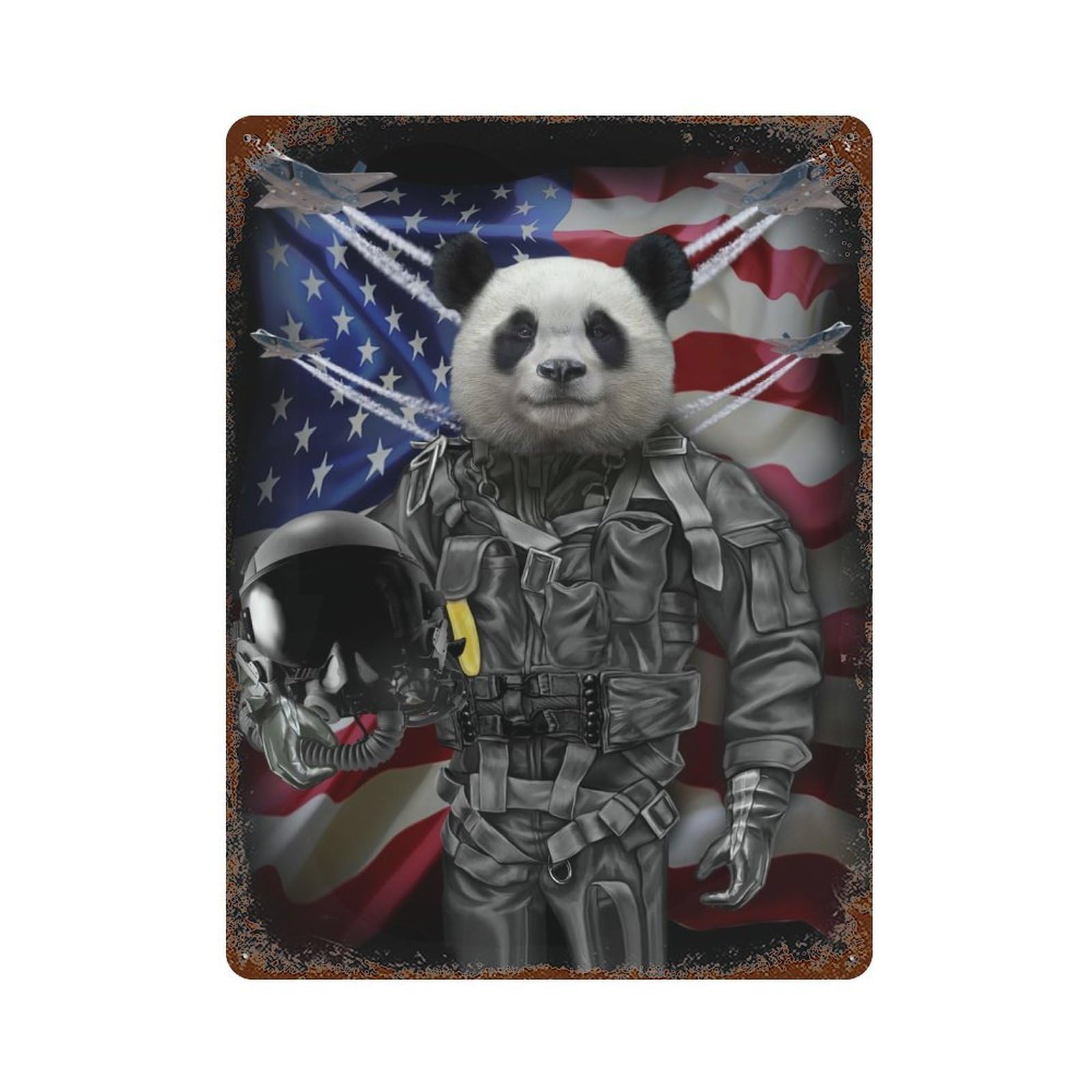 Garage Style Panda Jet Fighter Pilot Rusty Metal Tin Sign 15.7"x11.8", Farmhouse Wall Decor for Bar And Workshop