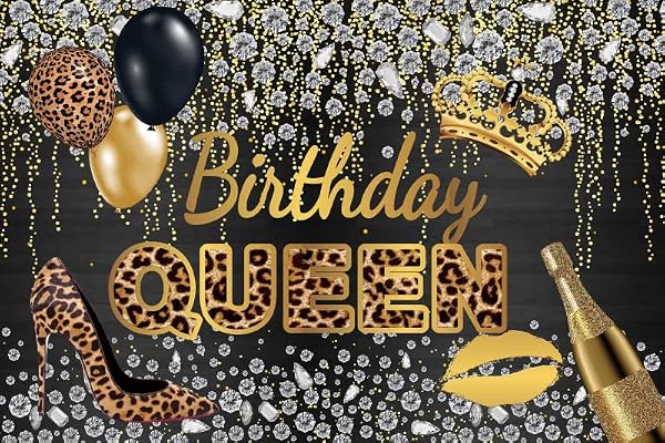 Birthday Queen Party Backdrop for Women 10x8ft Leopard Print Women Birthday Party Banner Diamond Champagne Heels Crown Photography Background Girls Ladies Portrait Photoshoot Video Product Background by Laeacco - Image 5