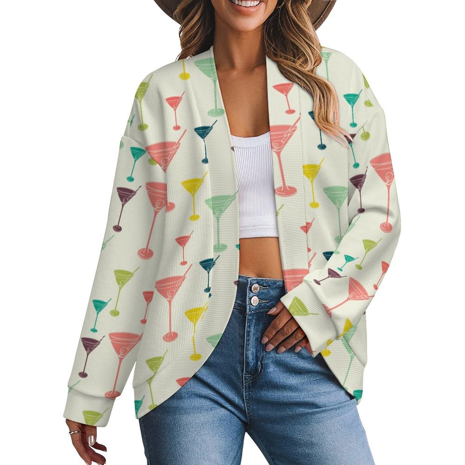 Vintage Colorful Martini Glass Womens Cardigan Long Sleeve Open-Front Cardigan Loose Shrugs Sweater
