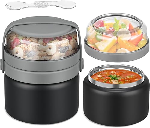 Miniatura 9 de Tarro de comida 2 en 1 con doble aislamiento térmico de sopa de 8 onzas con contenedor de aperitivos, termo para niños para comida caliente,