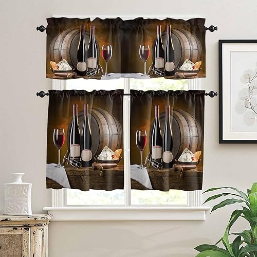 Kitchen Curtains and Valances Sets Red Wine Cups Wine Barrel Rod Pocket Valances and Tiers Set for Bathroom Cafe Window Semi-Sheer 3 pcs Window
