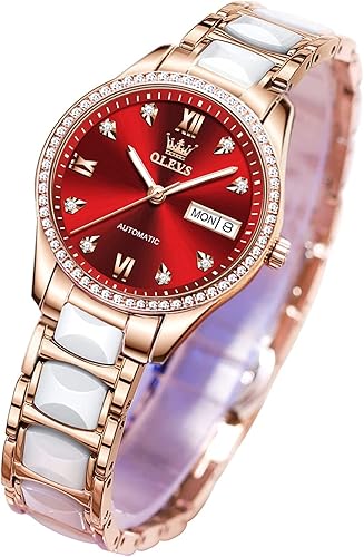 OLEVS Relojes de mujer de oro rosa, correa de acero inoxidable de cerámica, reloj mecánico automático, calendario puntero luminoso impermeable,