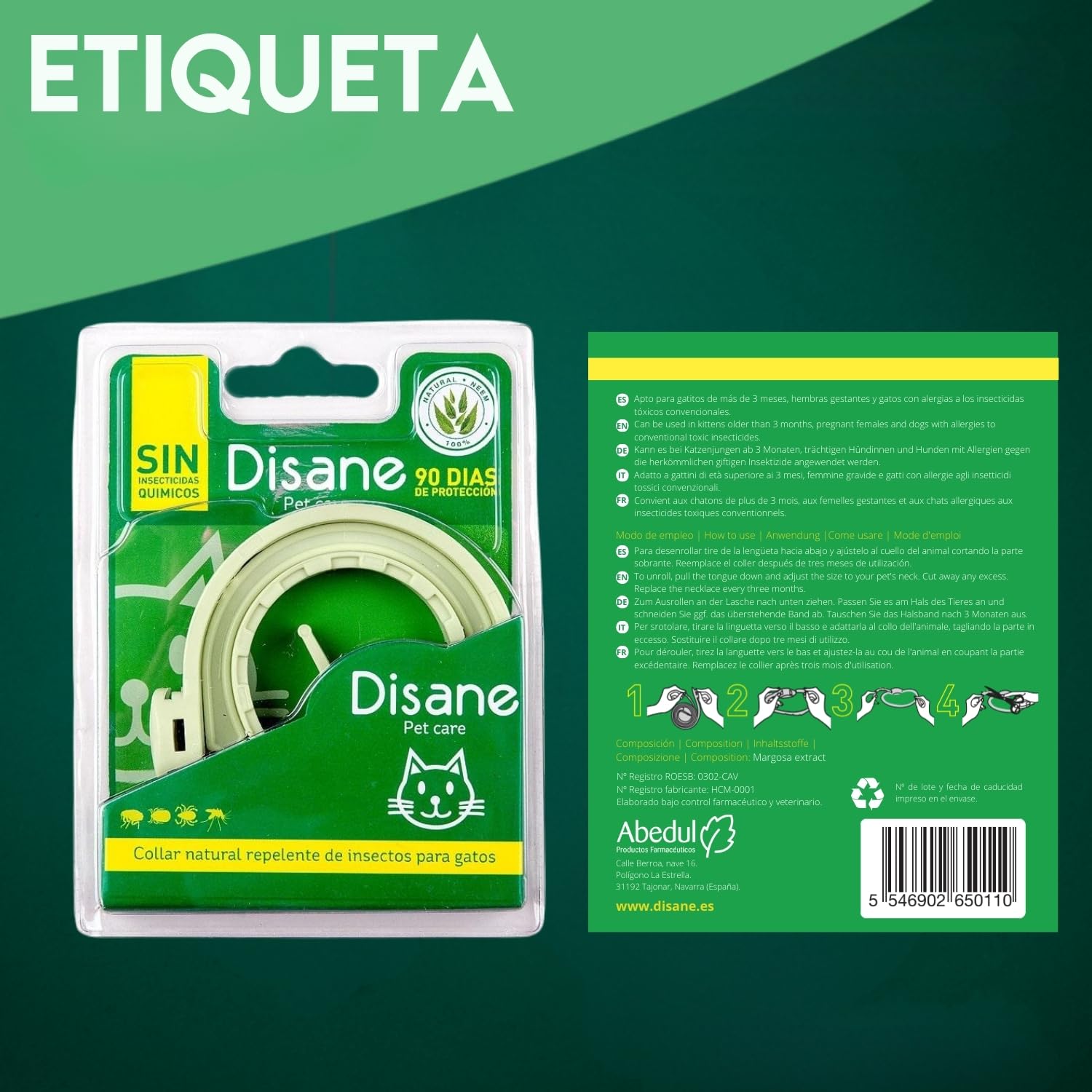 DISANE Collar Antiparasitario para Gatos 100% Natural | 3 Meses de Protección Contra Insectos y Parásitos: Repelente de Pulgas, Garrapatas y Mosquitos | Collar Antipulgas Gato Adulto y Cachorro