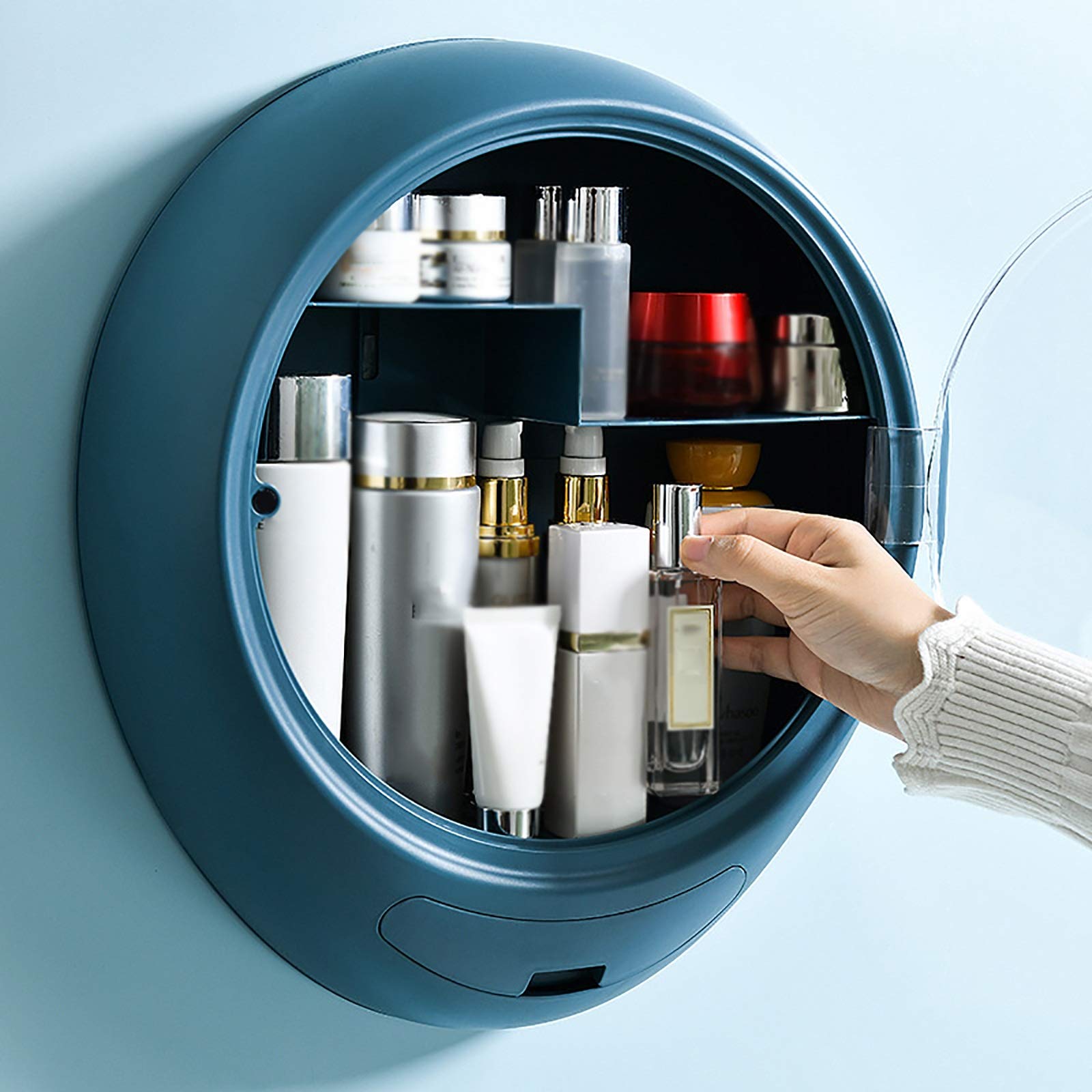 Kosmetik-Aufbewahrungsbox Wandmontierter kosmetischer Aufbewahrungsbox perforiert Kostenloser Kosmetikkasten Hautpflegeprodukt-Produkt-Rack für Kommode und Badezimmer(Blue)
