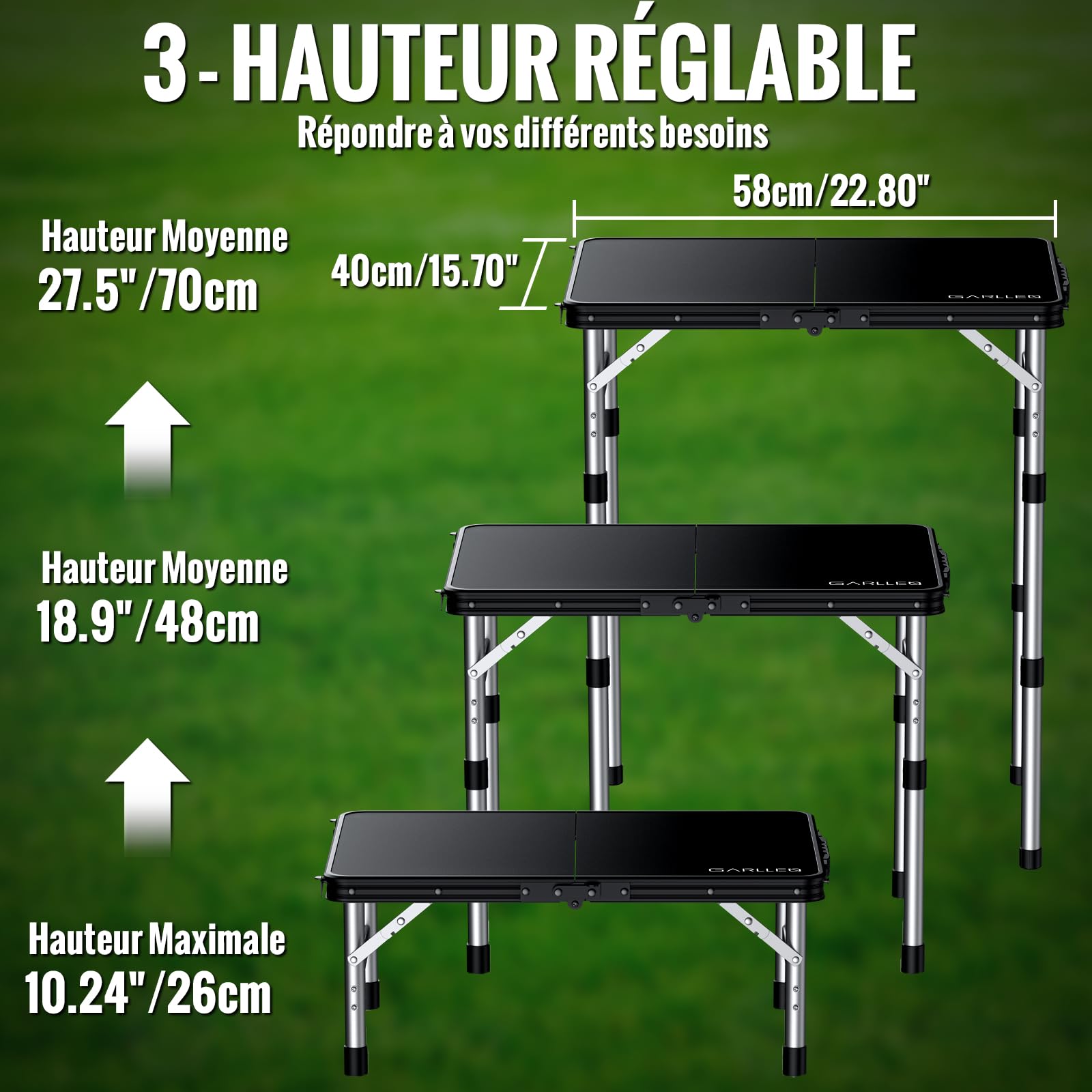 GARLLEN Table de Camping avec Dessus de Table en Plastique Haute densité imperméable, Table de Pique-Nique Portable en Hauteur réglable avec Cadre en Aluminium, Table d'extérieur pour Barbecue | Table Pliante Exterieur à 3 Hauteurs Réglables,Table de Piqu