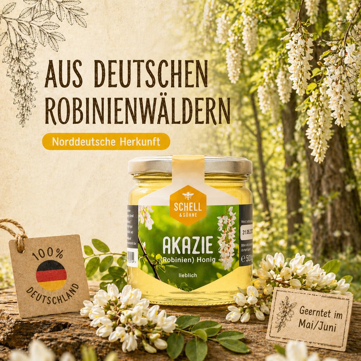 Deutscher Akazienhonig 6 x 500g - Vorteilspack - Robinienhonig - Imkerei Schell Honig aus eigener Produktion - 100% Deutscher Honig
