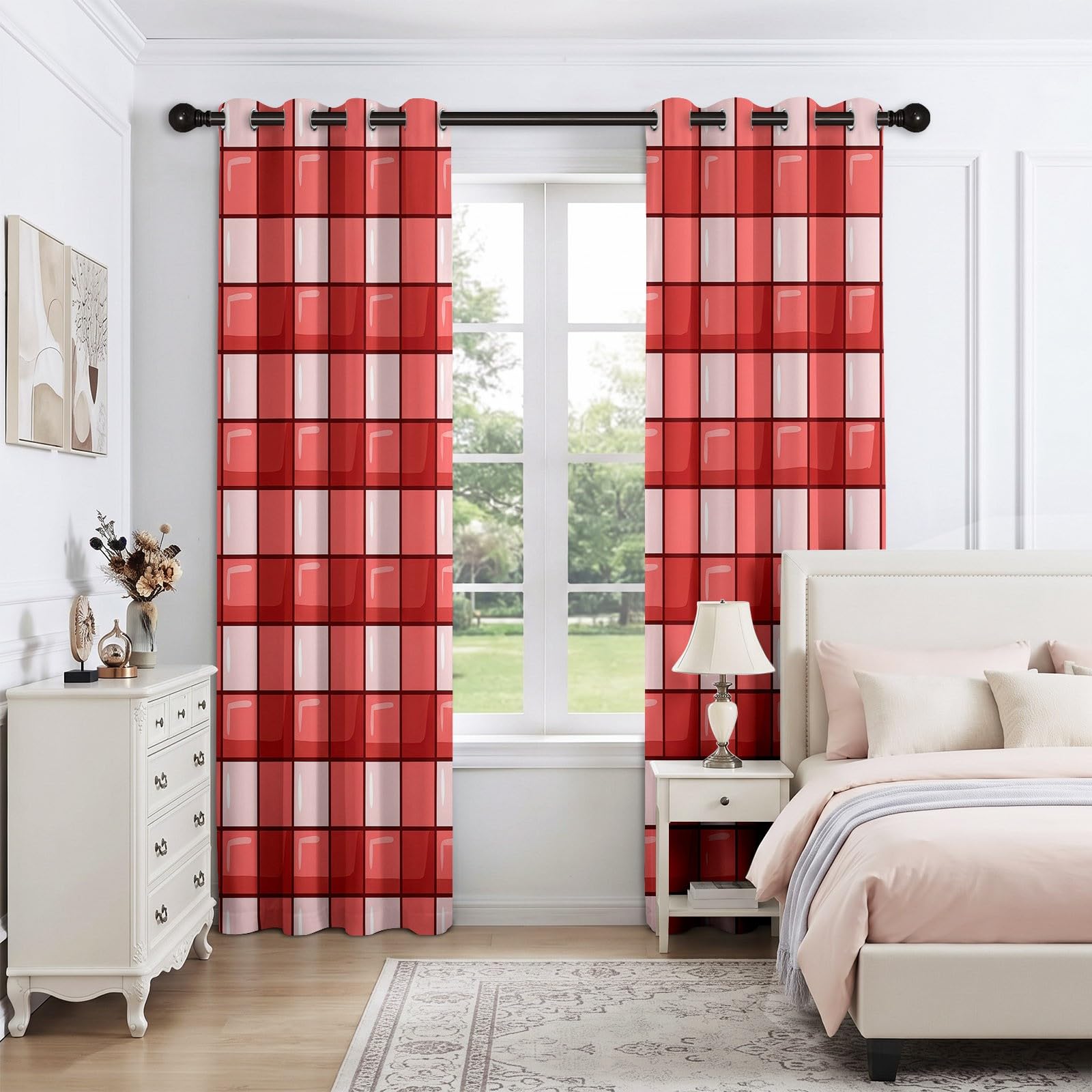 Vorhänge Rotes Schachbrettmuster Ösenvorhang H215 x B110 cm 2er Set