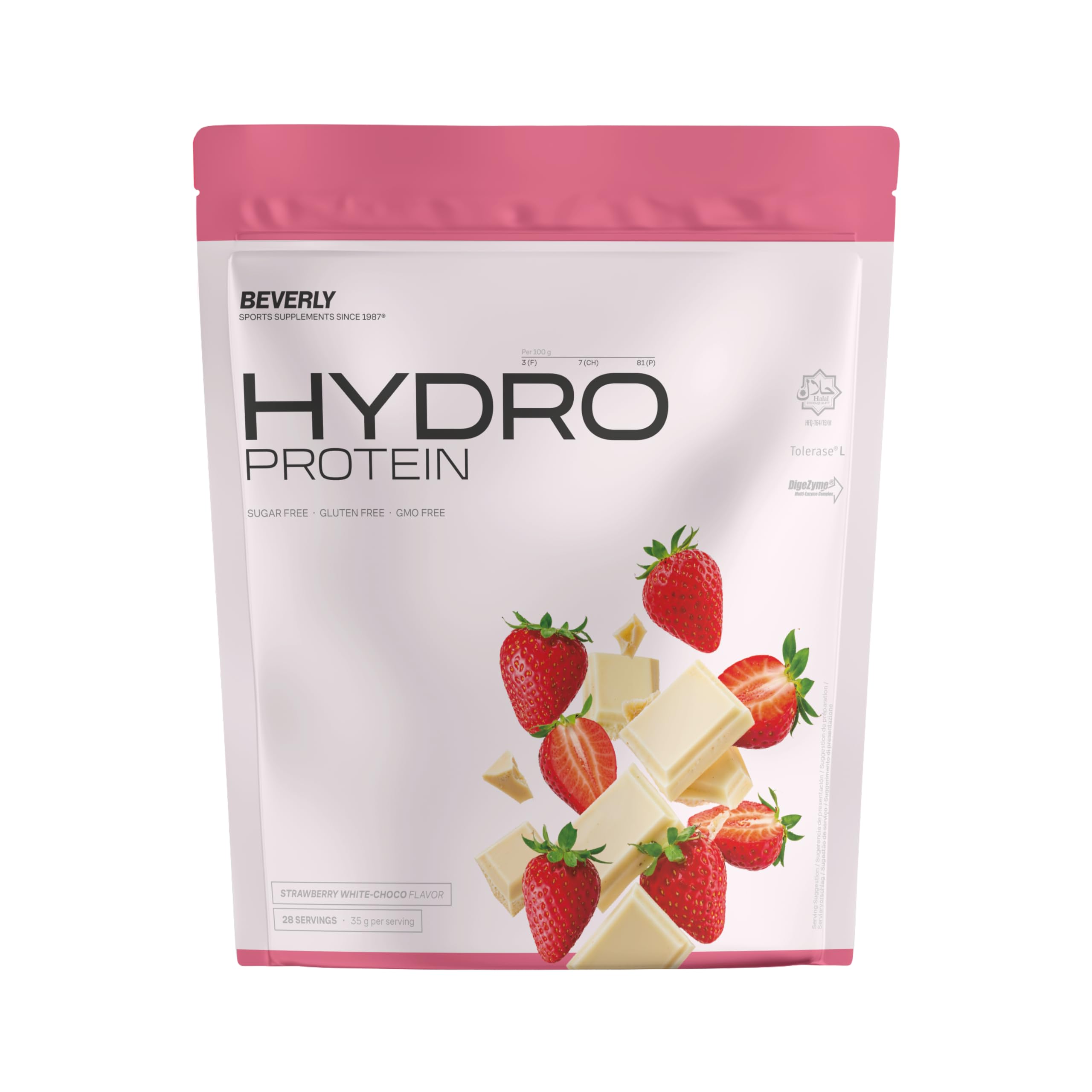 Beverly HYDRO PROTEIN - Protéines de lactosérum hydrolysées avec Digezyme et Tolerase - 1 kg - 29 g de protéines par portion - 28 portions (Chocolat blanc fraise)