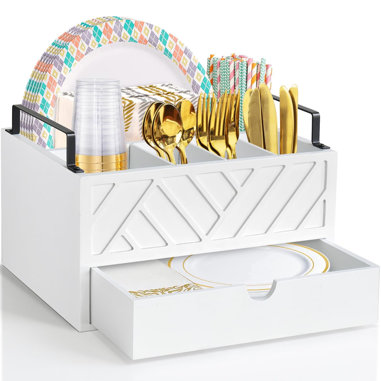 Paper Plate Dispenser with Drawer, Paper Plate Holder for Kitchen Counter, Wood Rustic Silverware Utensil Caddy, Cutlery Flatware Organizer for Cup Spoon Fork Plates Napkins, White Kitchen Accessories