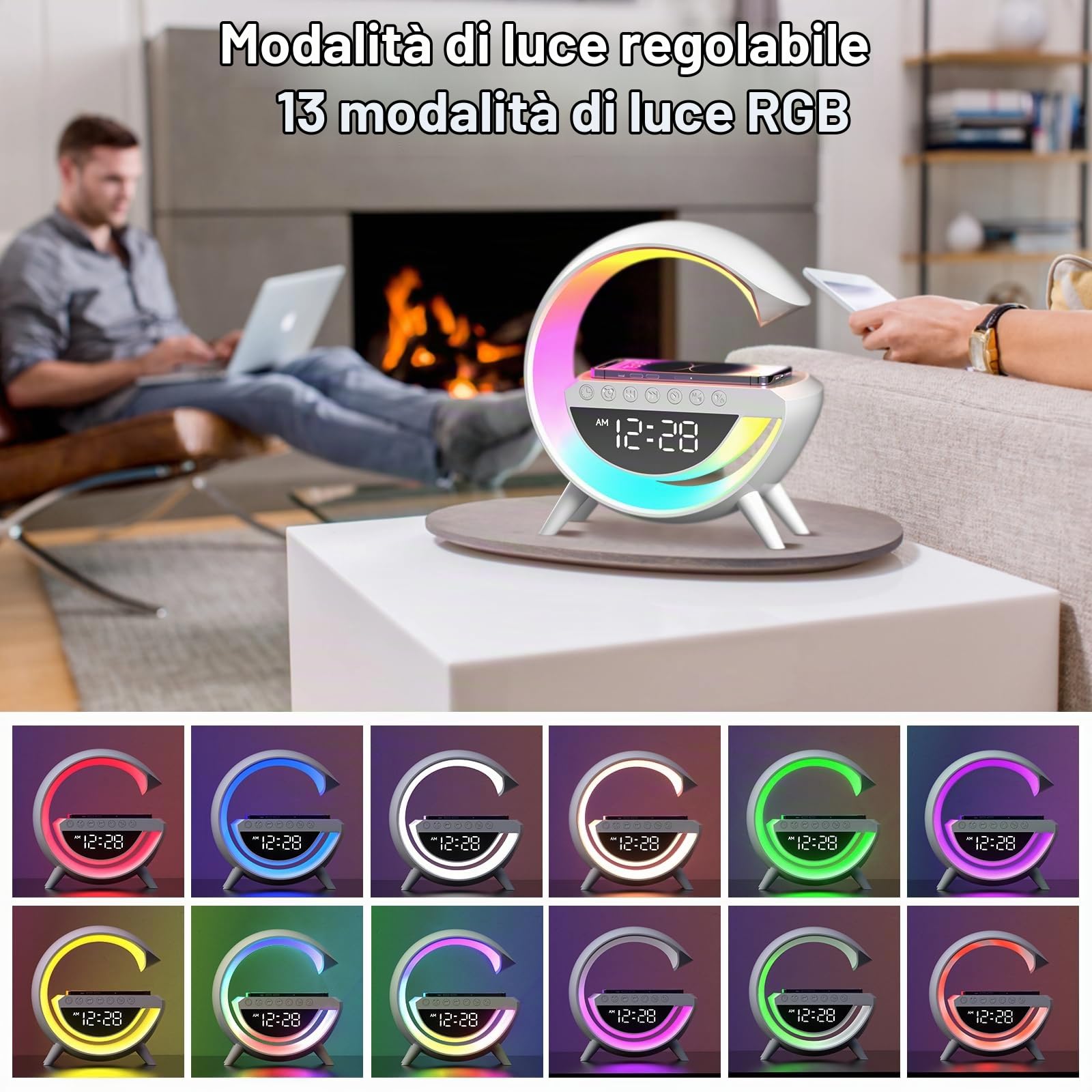 Suewidfay Caricabatterie wireless da 15 W Lampada a LED Sveglia Atmosfera Lampada da tavolo intelligente c… — immagine 4 di 9