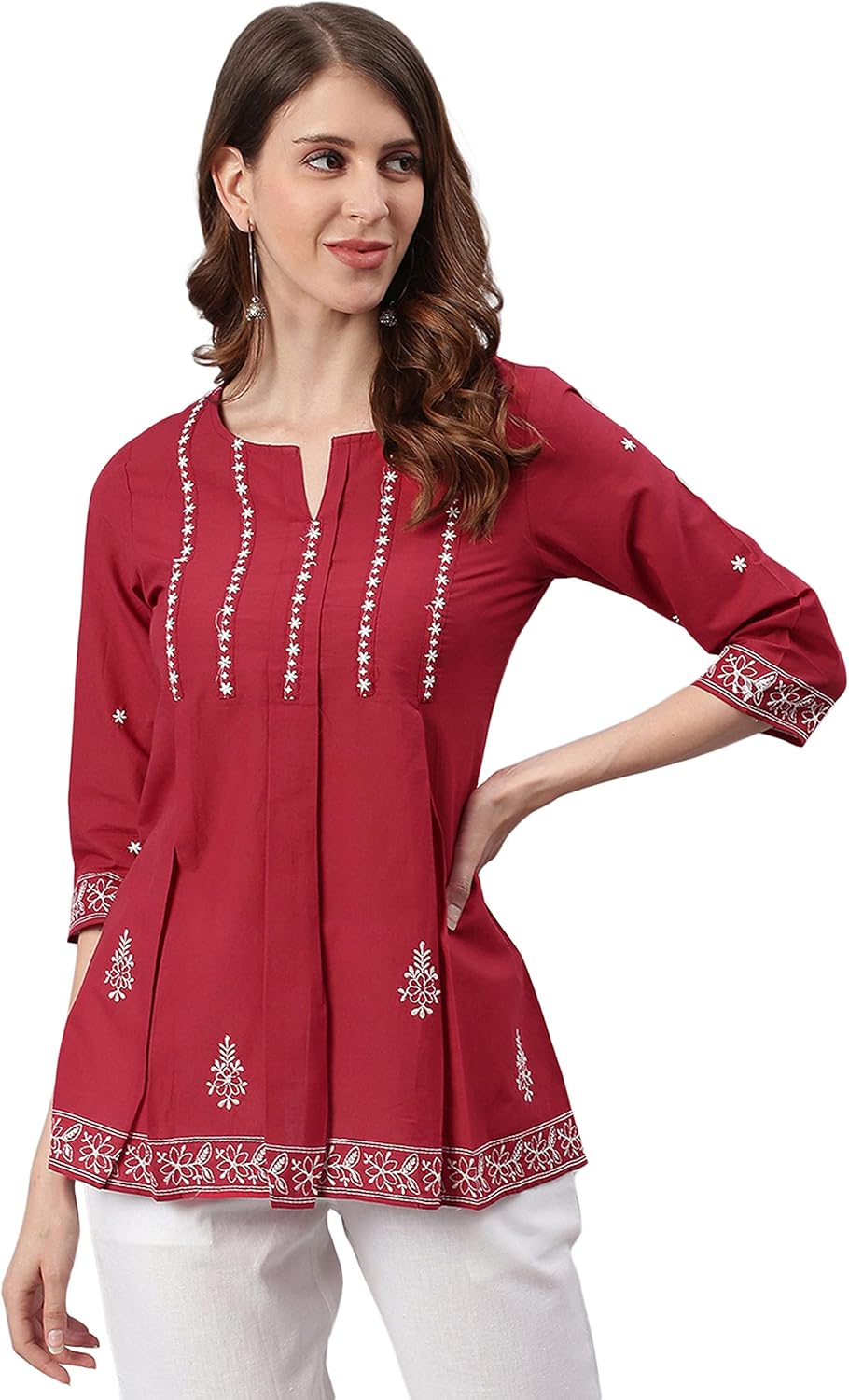 Janasya Indian Women's Cotton Maroon Embroidered Casual Wear Short Kurta for Women - Image 2