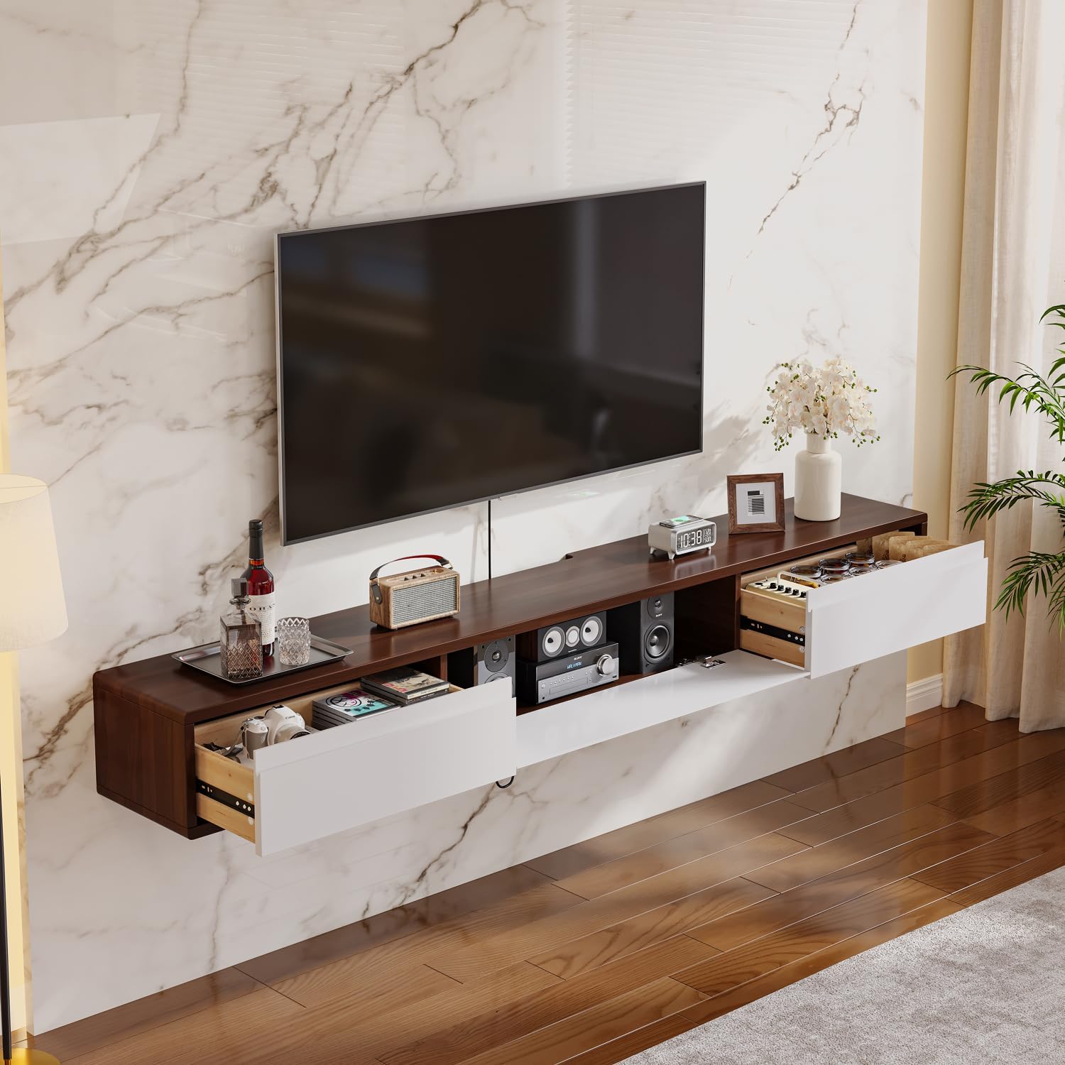 FurniNova Fully Assembled Floating TV Stand,High Gloss Wall Mount TV Console with 3 Doors, Under TV Shelf Entertainment Center for Living Room Bedroom,Walnut+White 55IN - Image 8