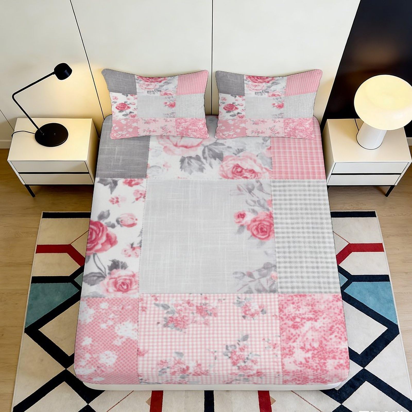 3D Printed Patchwork Floral Fitted Sheet Microfiber Soft Pink Grey Rose Mattress Cover for Bedroom Guest Room Easy Care 90x200x25cm