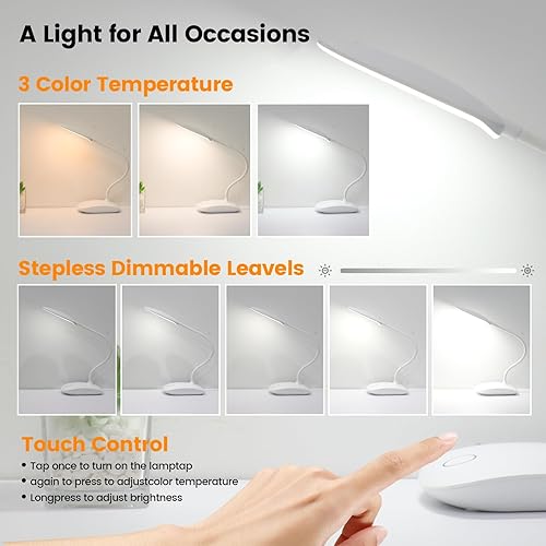 Miniatura 5 de Lámpara de escritorio alimentada por baterías, lámparas portátiles recargable, 3 modos de color, control táctil, atenuación continua, lámpara de