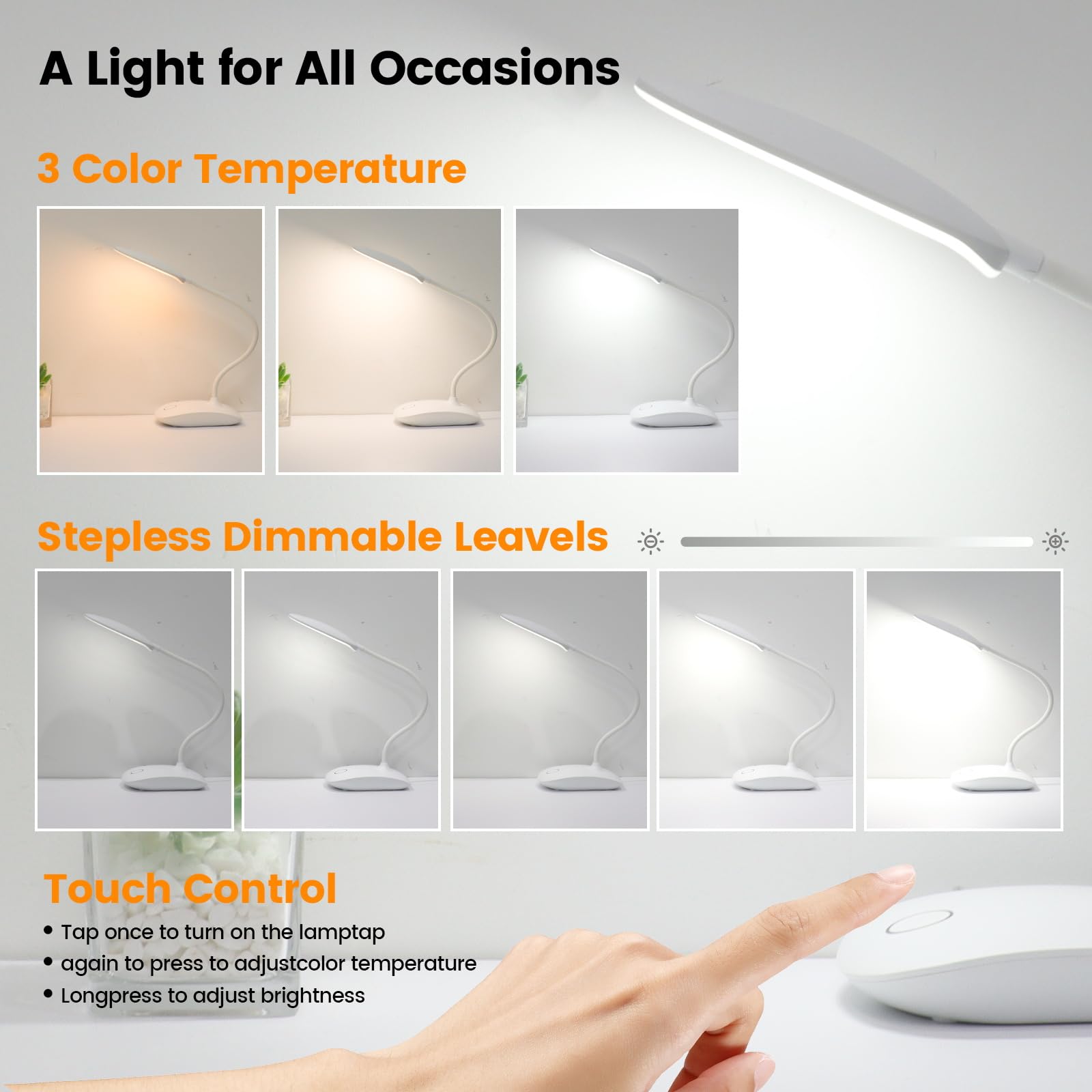 Wiederaufladbare LED-Schreibtischlampen, 3 Farbmodi, Touch-Steuerung, dimmbar, tragbar, 2000 mAh Akku, 2 Stück