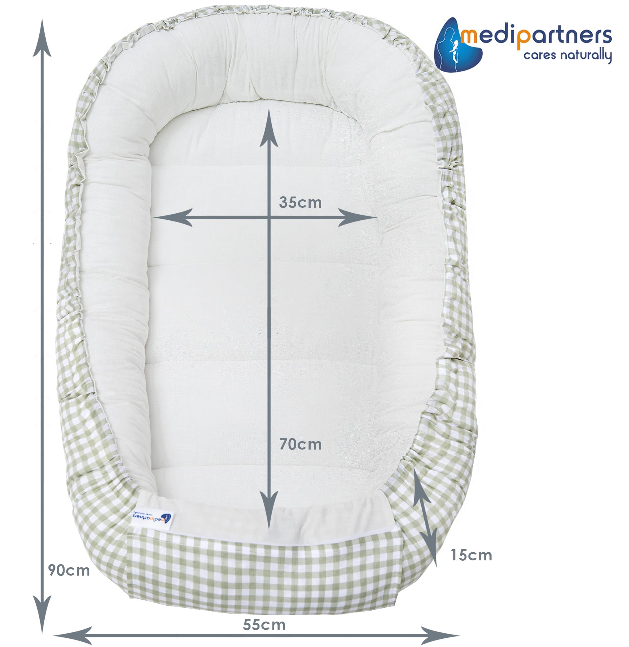 Medi Partners Reducteur de Lit Bebe - Réducteur Bébé 100x60x15cm 5 éléments Cocon et Naissance Nid d'ange bilatéral Cale 100% Coton Minky (Grille avec Olive Minky)