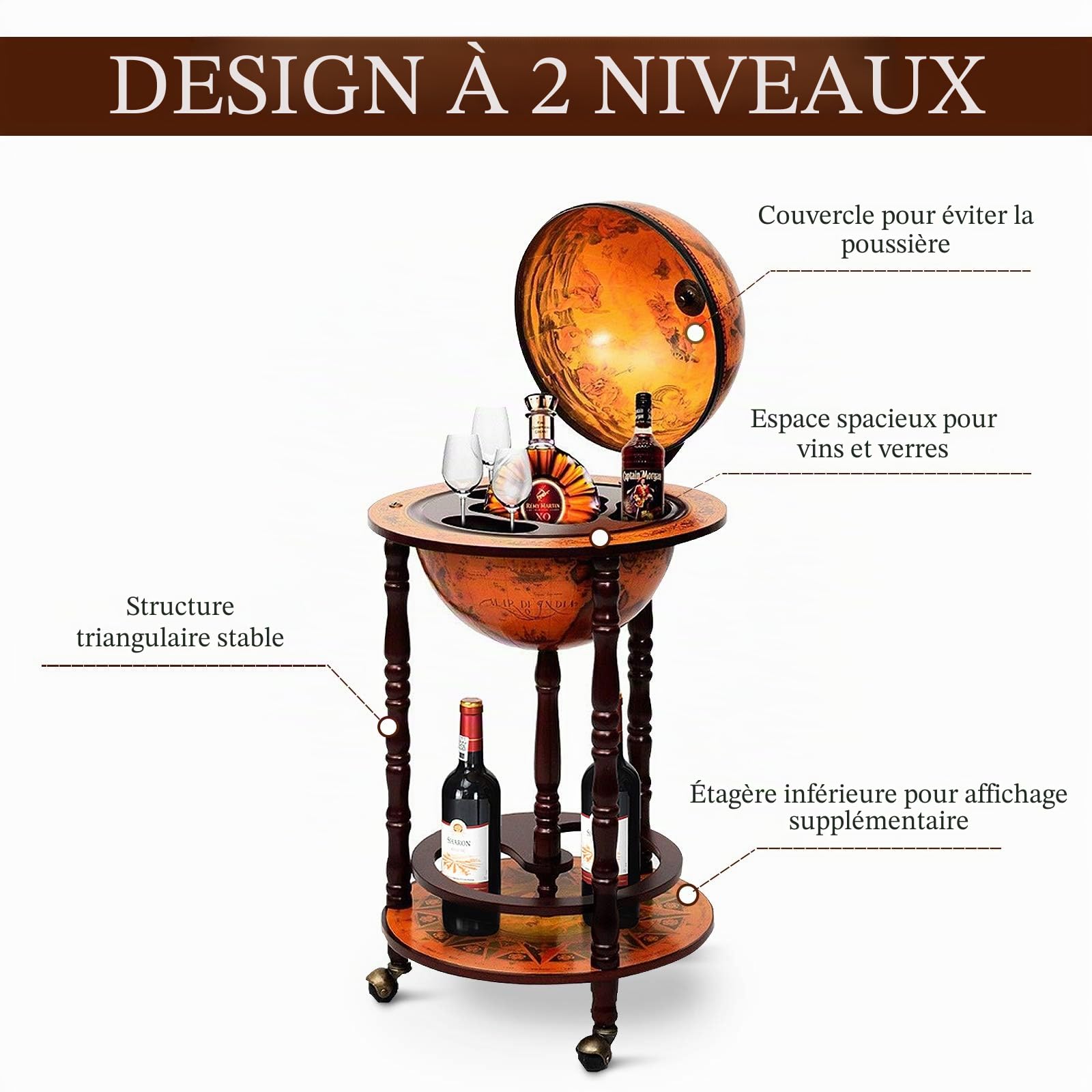 Generisch Bar Globe terrestre en Eucalyptus - Chariot de Bar avec roulettes - Style rétro - pour Verres à vin et Bouteilles de vin (Marron)