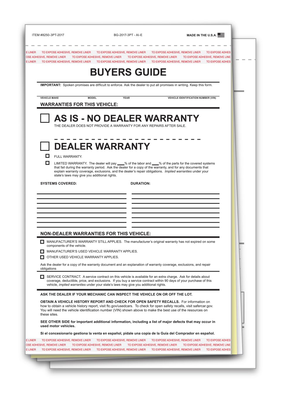 Generic As is Buyers Guide for Car Dealerships – 3-Part, Carbonless, Snap-Out, White/Canary/White Forms - 7-1/3"" × 11-3/4"" Window Display Ready with