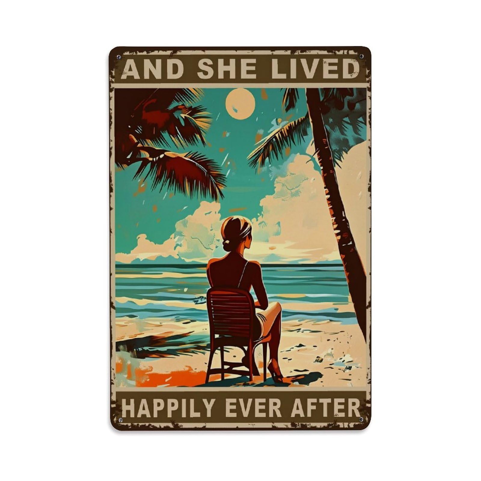Enderetf Vintage Beach Scene Woman Chair Palm Tin Sign Metal Poster, Home Bar Garage Man Cave Cafe Indoor & Outdoor Wall Decoration 8X12inches