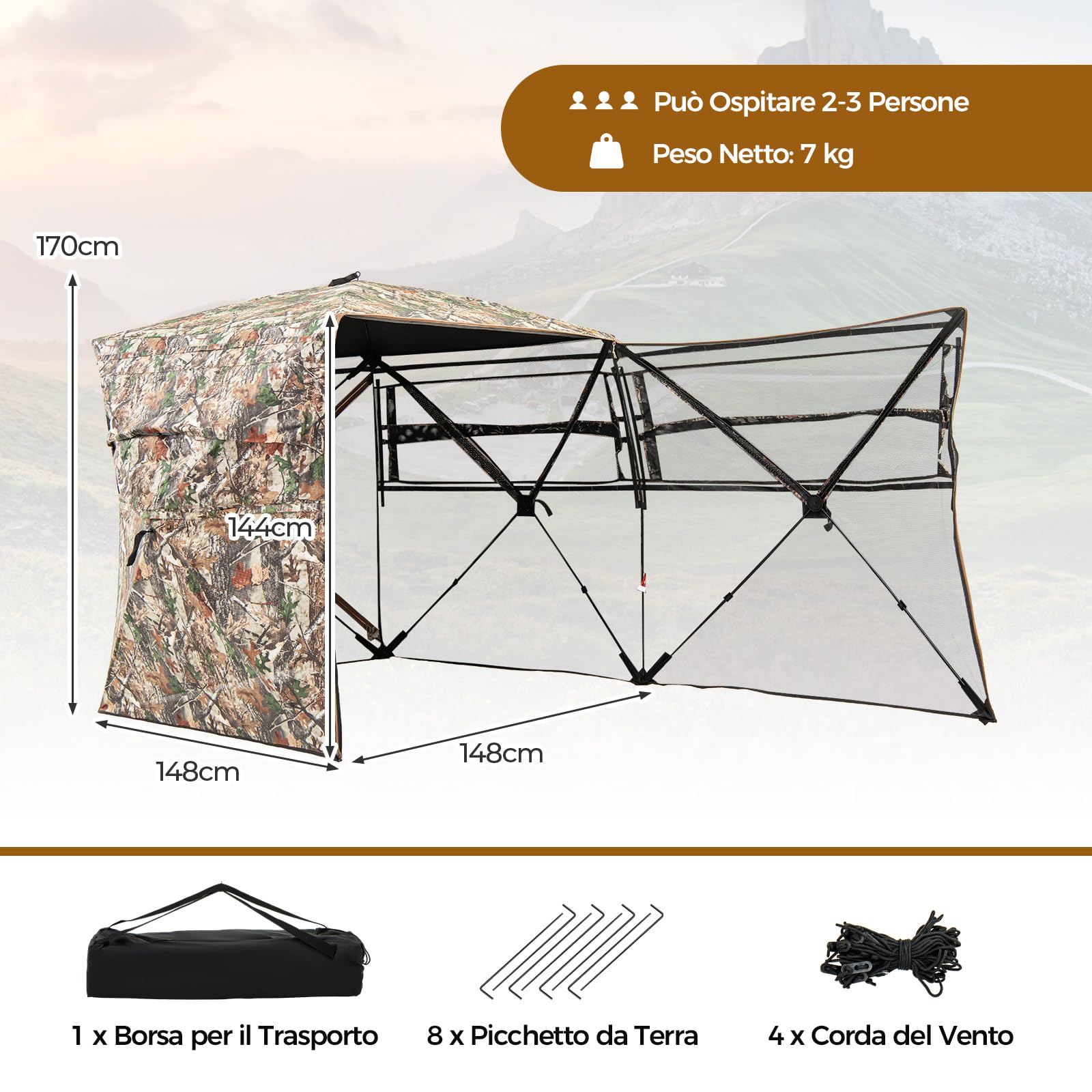 COSTWAY Tenda da Caccia per 2-3 Persone, Tenda Mimetica a Visione a 360° per Caccia, Tenda Pop-Up Camouflage con Borsa da Trasporto, Apribile Completamente da 1 Lato, 148 x 148 x 170 cm