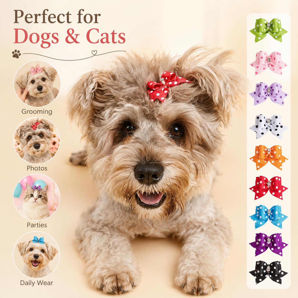 Fiocchi per Pelo di Cani e Gatti a Pois con Elastico, Accessori per Animali Domestici, Colori Casuali, ca. 6 x 4 x 2 cm