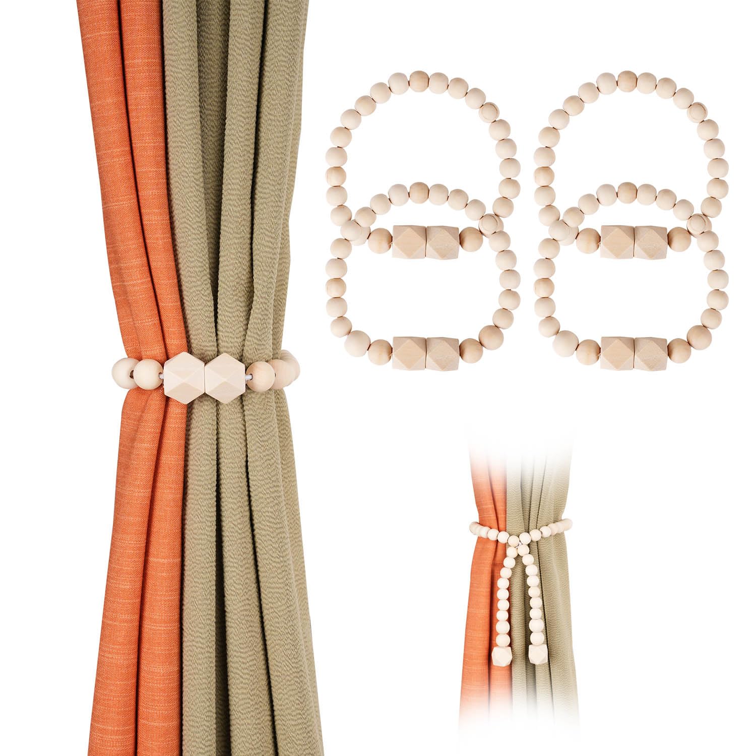Wooden Magnetic Curtain Buckle,Octagonal Beads Chain Connection Elastic Rope, with 23 Small Round Beads, Bohemian Style, 4Pcs