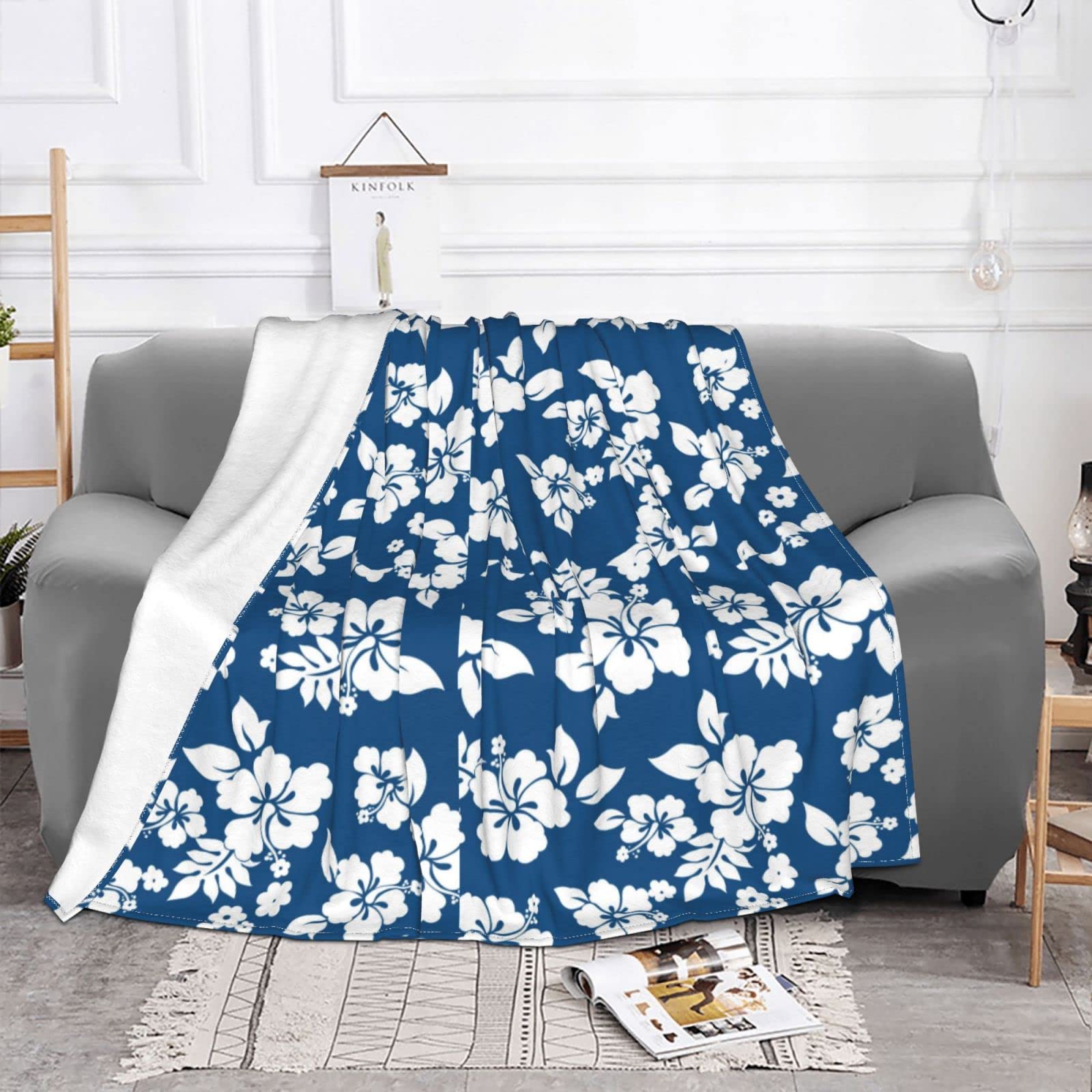 Coperta in micro pile ultra morbida con fiori hawaiani, 200 x 160 cm, per letto, divano, viaggio, campeggio, soffice e accogliente lavabile in lavatrice