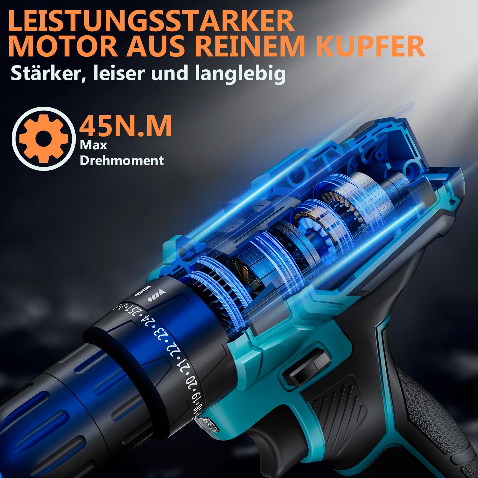 Akkuschrauber, 21V Akku Bohrschrauber mit 2 Akkus 2000mAh und Ladegerät 45Nm Drehmoment Max 25+3 Drehmomentstufen (2-Gang & LED) für Haus und Garten DIY Projekt (Blau)