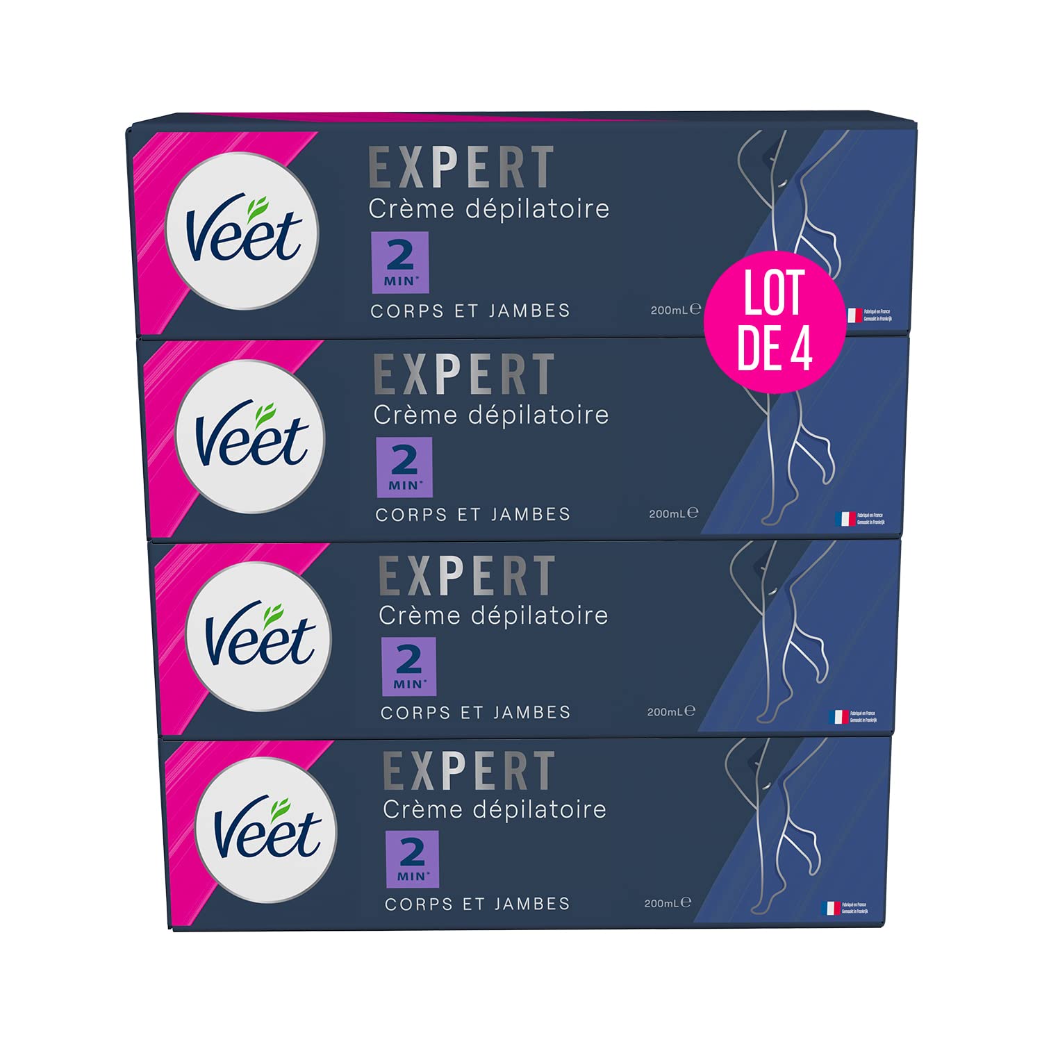 VEET Expert - Crema depilatoria peli tenaces, corpo e gambe, agisce in 2 minuti, confezione da 4 x 200 ml