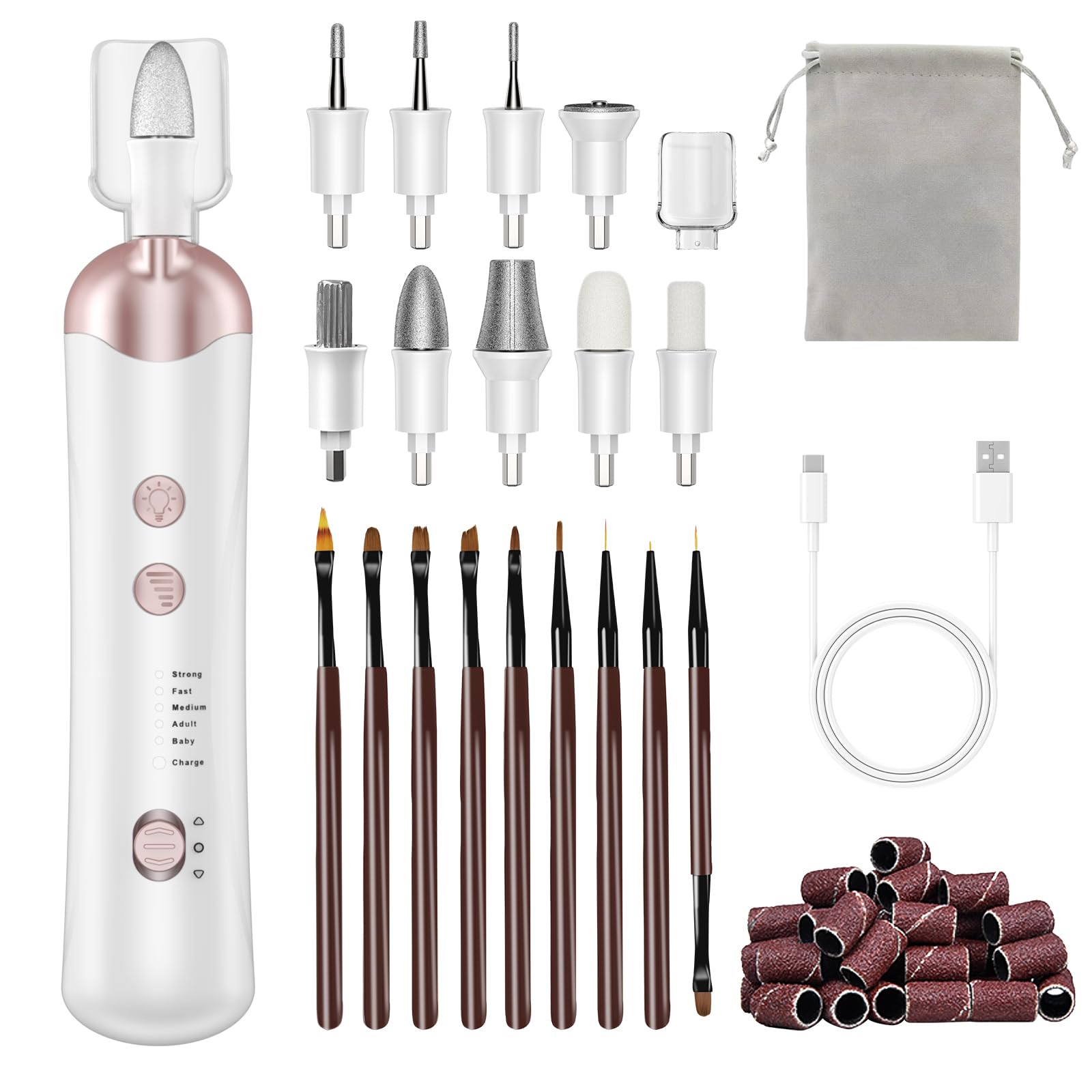 Juego de manicura eléctrica y pedicura con 9 pinceles para decoración de uñas, lima eléctrica para eliminar callos y cuidado de las uñas, 5 velocidades para uñas de gel y uñas naturales