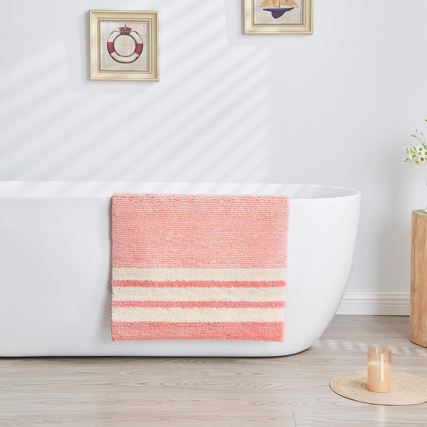 CozeCube Bath mats for Bathroom Non Slip, Fluffy Absorbent Microfiber Bath mat Washable, Aesthetic Bathroom Rugs, Small Blossom Pink Striped Bath mat, Blossom Pink, 24" x 16" - Image 2