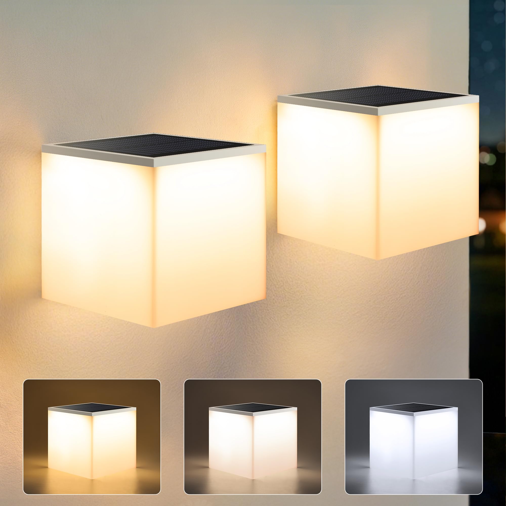 Photo 1 of Flacchi Solar Wall Lights 2 Pack - 32 LED Dual-Color (Warm White/Cool White) Solar Cube Light Outdoor Wall/Table Lamp Waterproof Solar Powered Lighting for Patio Garden Balcony