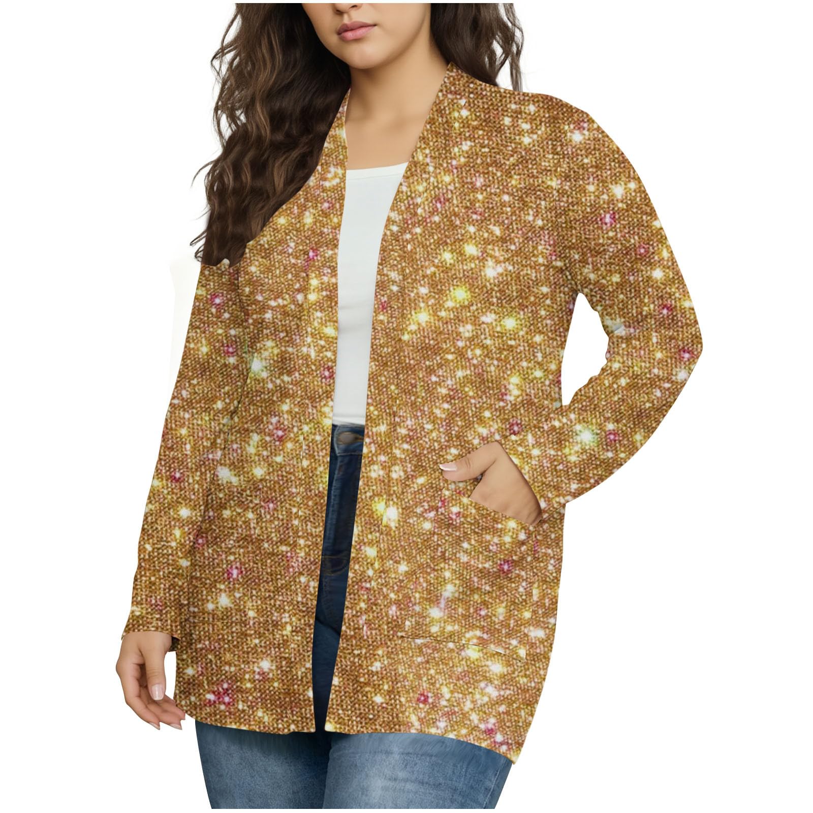 Plus Size Sequin Print Cardigans for Women Long Sleeve Open Front Glitter Jackets Loose Fit Casual Party Coat
