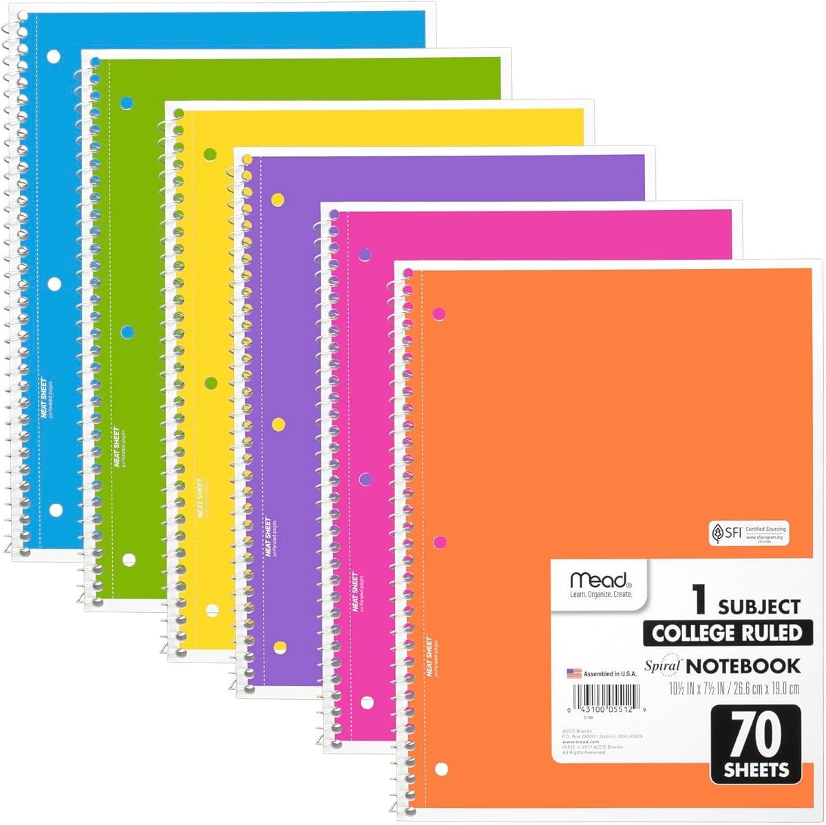 Mead Spiral Notebook, 6 Pack, 1 Subject, College Ruled Paper, 7-1/2" x 10-1/2", 70 Sheets per Notebook, Assorted Bright Colors (830050-ECM) : Everything Else