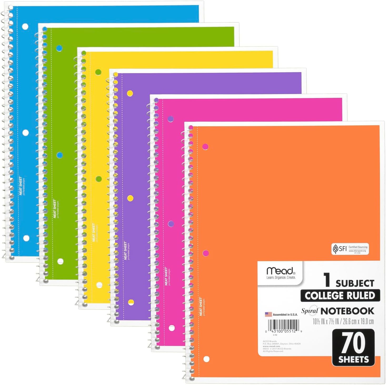 Spiral Notebooks, 6 Pack, 1-Subject, College Ruled Paper, 8" x 10-1/2", 70 Sheets, Assorted Bright Colors (830050-ECM)