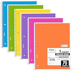 Mead Spiral Notebook, 6 Pack, 1 Subject, College Ruled Paper, 7-1/2" x 10-1/2", 70 Sheets per Notebook, Assorted Bright Colors (830050-ECM)
