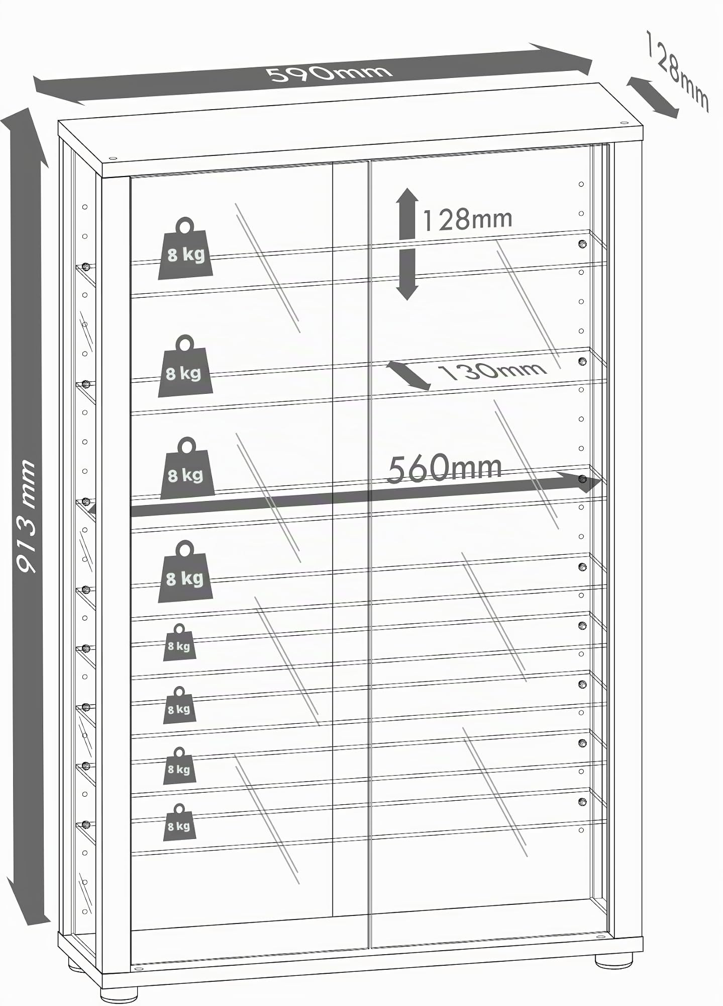 VCM Standvitrine 59x18x90 cm 2 Türen 9 Fächer Glas Holzwerkstoff