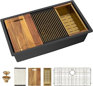 33 Inch Undermount Kitchen Sink Black Granite Composite Workstation | 33 x 19 Undermount Matte Black Kitchen Sink Single Bowl Ledge Under Counter Basin with Gold Accessories