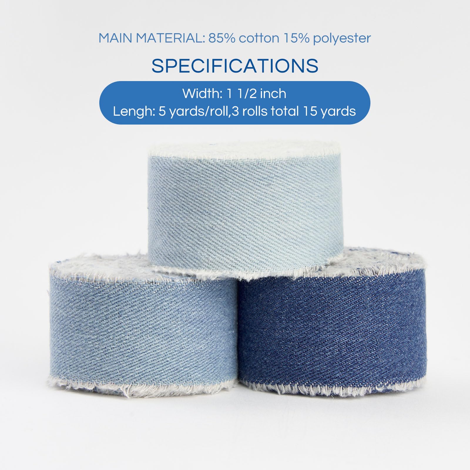 Pretty Jolly Blue Denim Ribbon for Gift Wrapping Handmade Rustic Frayed Cotton Fabric Ribbon for Flower Bouquet Total 15 Yards 1 1/2 Inch Ribbons for Crafts Hair Wedding Invitation Holiday Decor - Image 2
