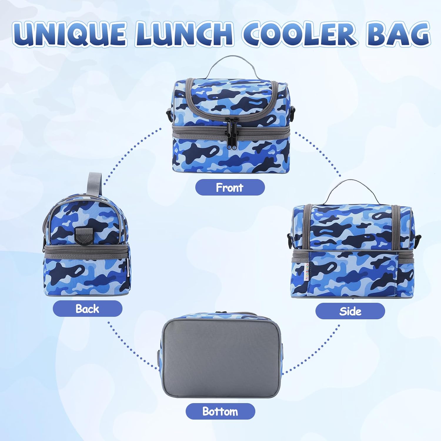 Lunch Bag for Boys,ChaseChic Insulated Lightweight Lunch Boxes for Kids Girls Dual Compartment Lunch Organizer Leak-Proof Cooler Bag with Detachable Adjustable Shoulder Strap,Blue Camo