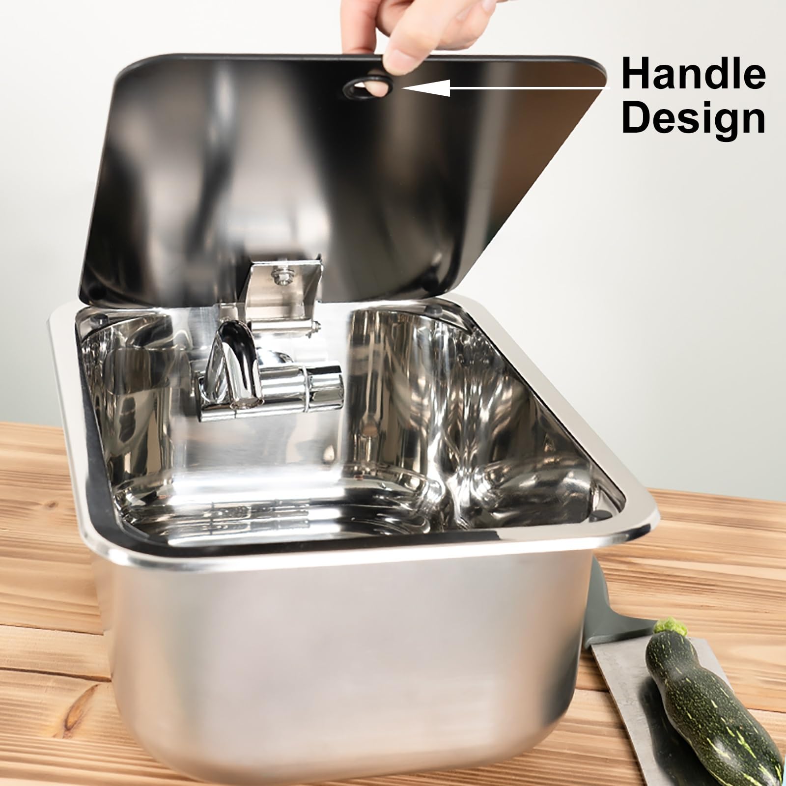 Kompaktes Spülbecken-Set, Edelstahl-Spüle für die Außenküche mit Abdeckung, Wasserhahn und Sieb, ideal für Camping, Wohnwagen und Wohnmobile (runde Farbe)