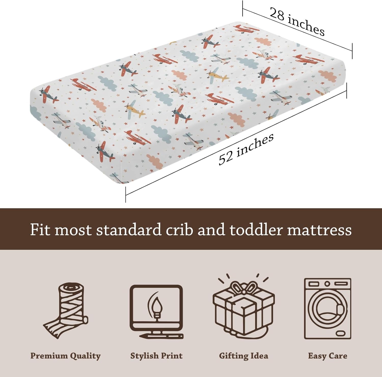 Cartoon Planes Clouds Stars Pattern Baby Sheets for Crib, Unisex Plane Nursery Fitted Bed Sheet for Boys Girls Standard Crib and Toddler Mattress-28x52