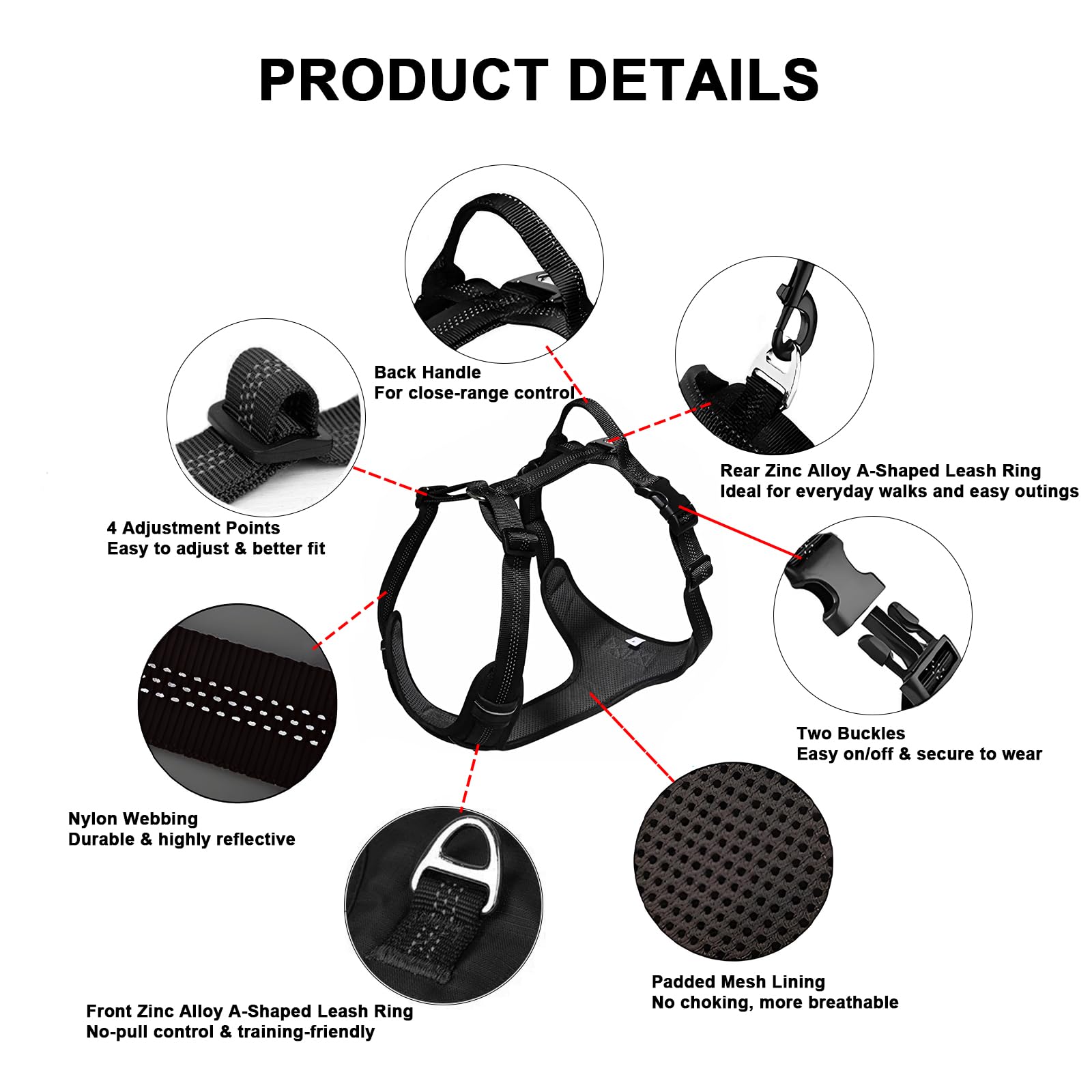No Pull Dog Harness for Medium Dogs, Adjustable, Reflective Breathable Padded Vest with 2 Metal Leash Clips and Handle for Control or Car Seatbelt Use, Black, M - image 4