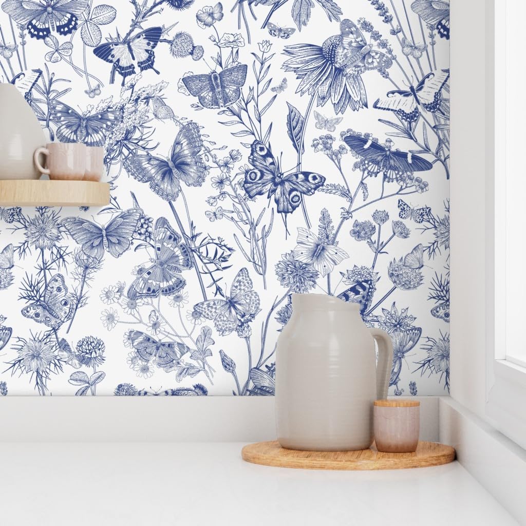 Peel & Stick Wallpaper 3ft x 2ft - Butterflies Wild Flowers White Vintage Blue Retro Custom Removable Wallpaper by Spoonflower