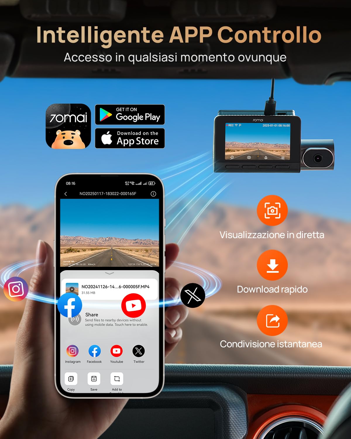 70mai Dash Cam 4K T800 3 Canali Dual 4K+1080P Anteriore Posteriore Interno, 3 HDR Dual STARVIS 2 con microSD 512GB, 4G LTE, Rilevamento del Movimento AI, Visione Notturna, Monitoraggio Parcheggio