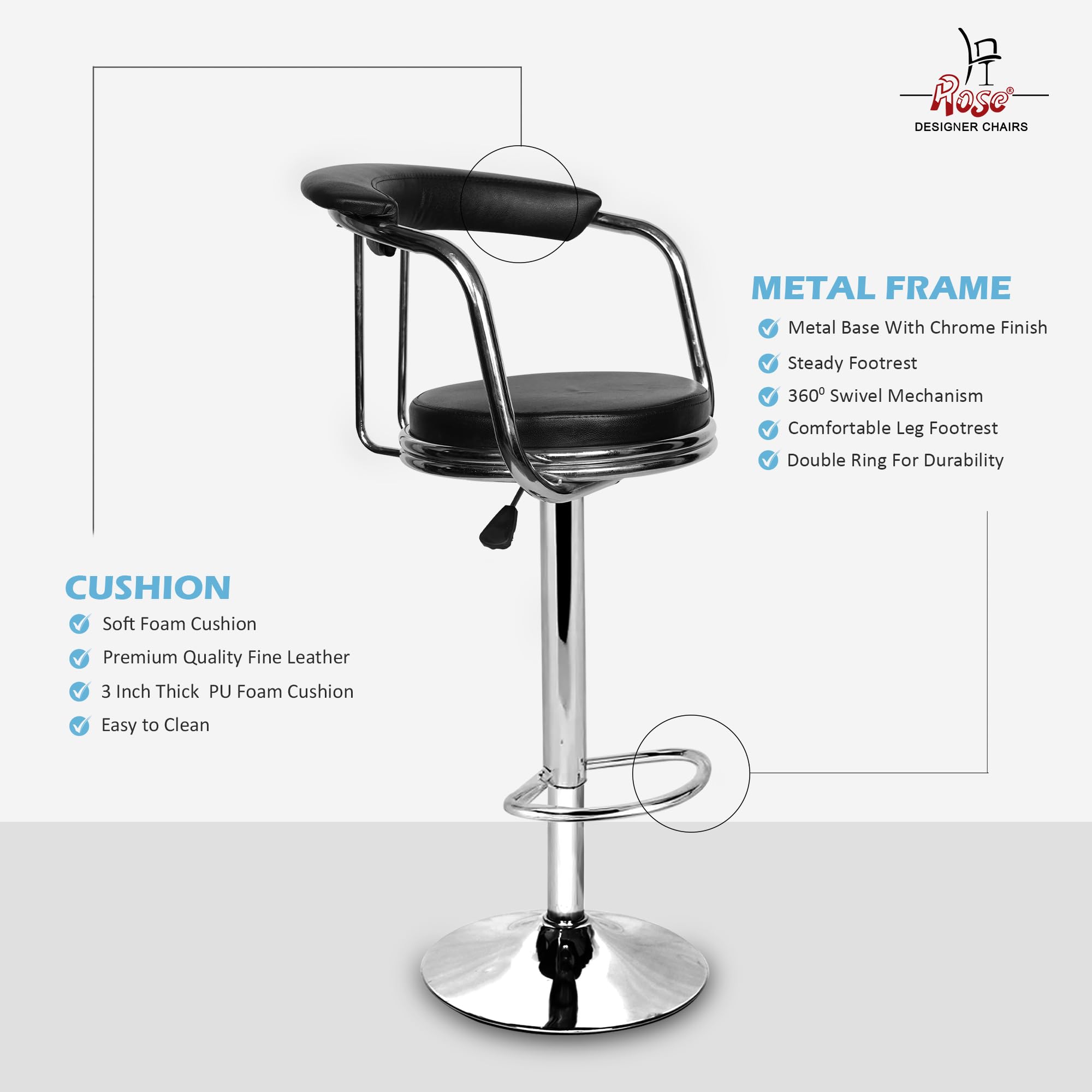 ROSE® Kiya Height Adjustable & Revolving Bar Stool/Kitchen Chair Suitable for Kitchen, Cafeteria, Dining, Office,Shops (Pack of 1) (Jet Black) 2