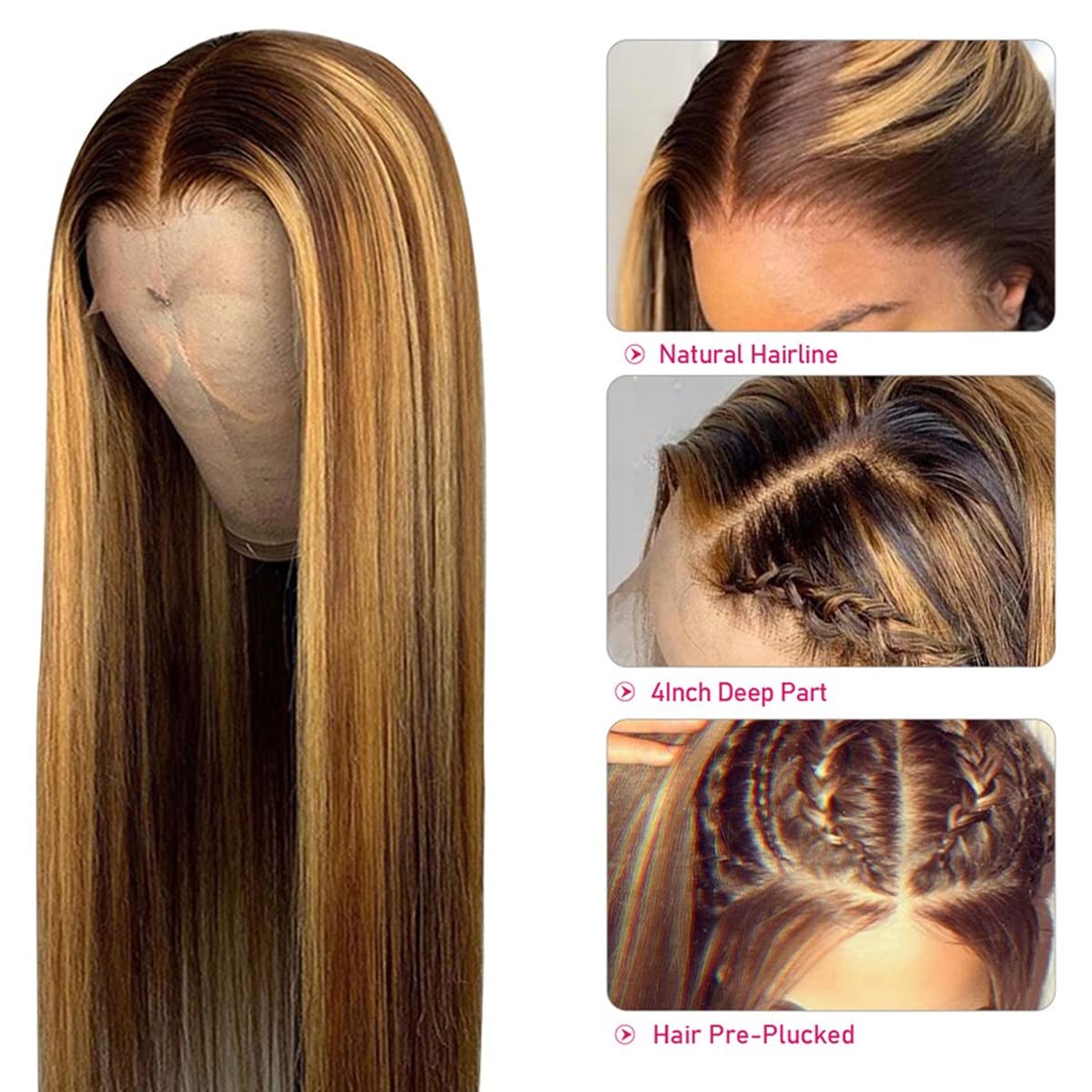Highlight 4x4 Lace Closure Wig Human Hair Lace Front 4/27 Brown mix Honey Blonde Ombre Human Hair Wigs 18 Inch Glueless Pre Plucked with Natural Hairline - Image 4