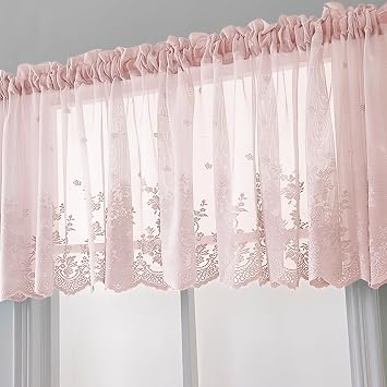 Boho Lace Small Window Curtain Valance Embroidered Solid Color Farmhouse Light Filtering Small Window Tier for Kitchen Living Room,1 Piece Pink,51" W x 16" L